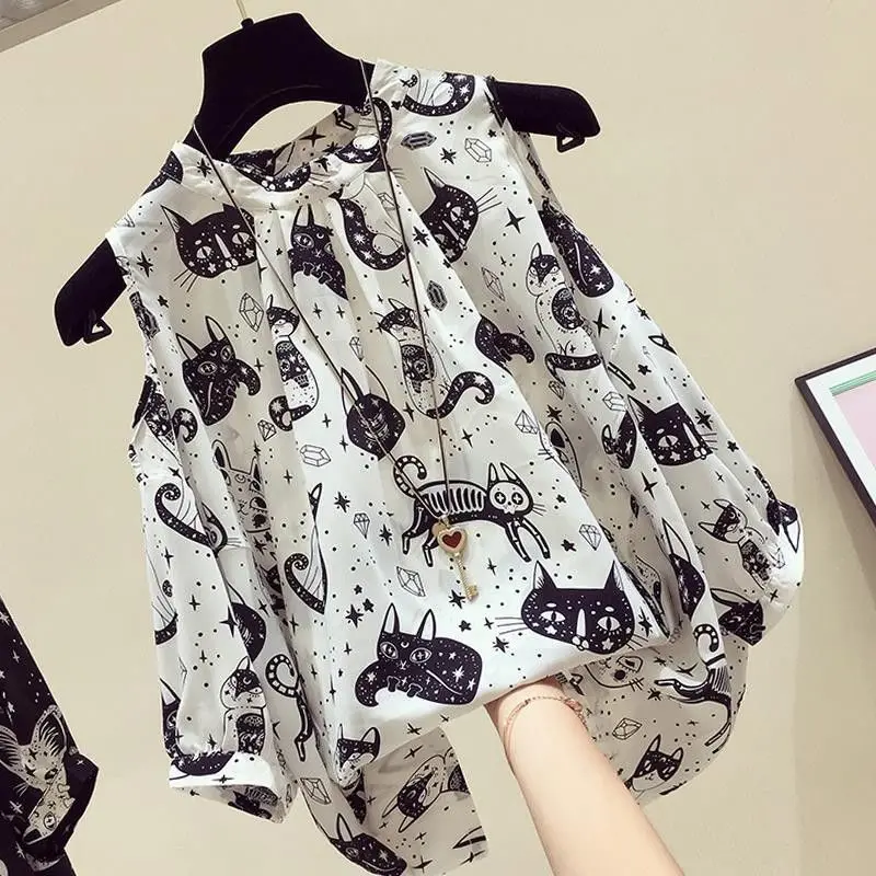 

Fashion Women Summer Floral Chiffon Shirt Stand Collar Graffiti Printing Off Shoulder Short Sleeve New All-match Loose Tops