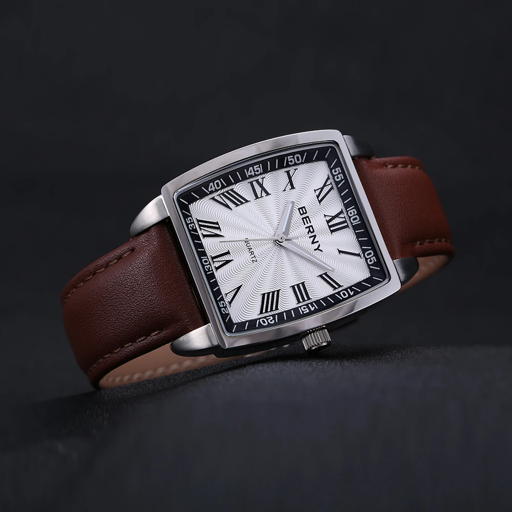 BERNY Japan Quartz Wristwatch Top Brand Luxury Rectangle Watch for Men Waterproof Luxury Watch Men Classic Leather Mens Watches