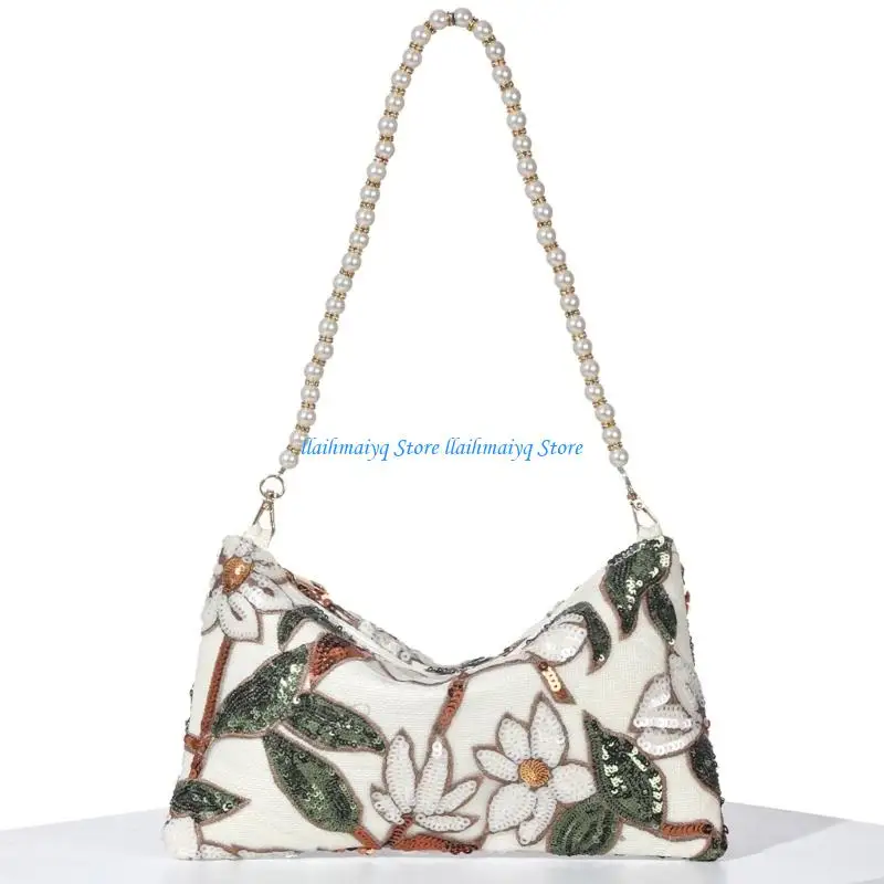 573B Unique Ethnic Embroidery Sequins Evening Bag Lightweight Cotton Linen Armpit Purse Multipurpose Handbag Suitable For