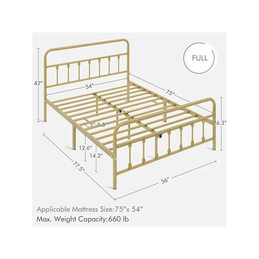 Cadre de lit à plateforme en métal classique, base de matelas, planche de sauna en fer, repose-pieds, rangement sous le lit, style victorien