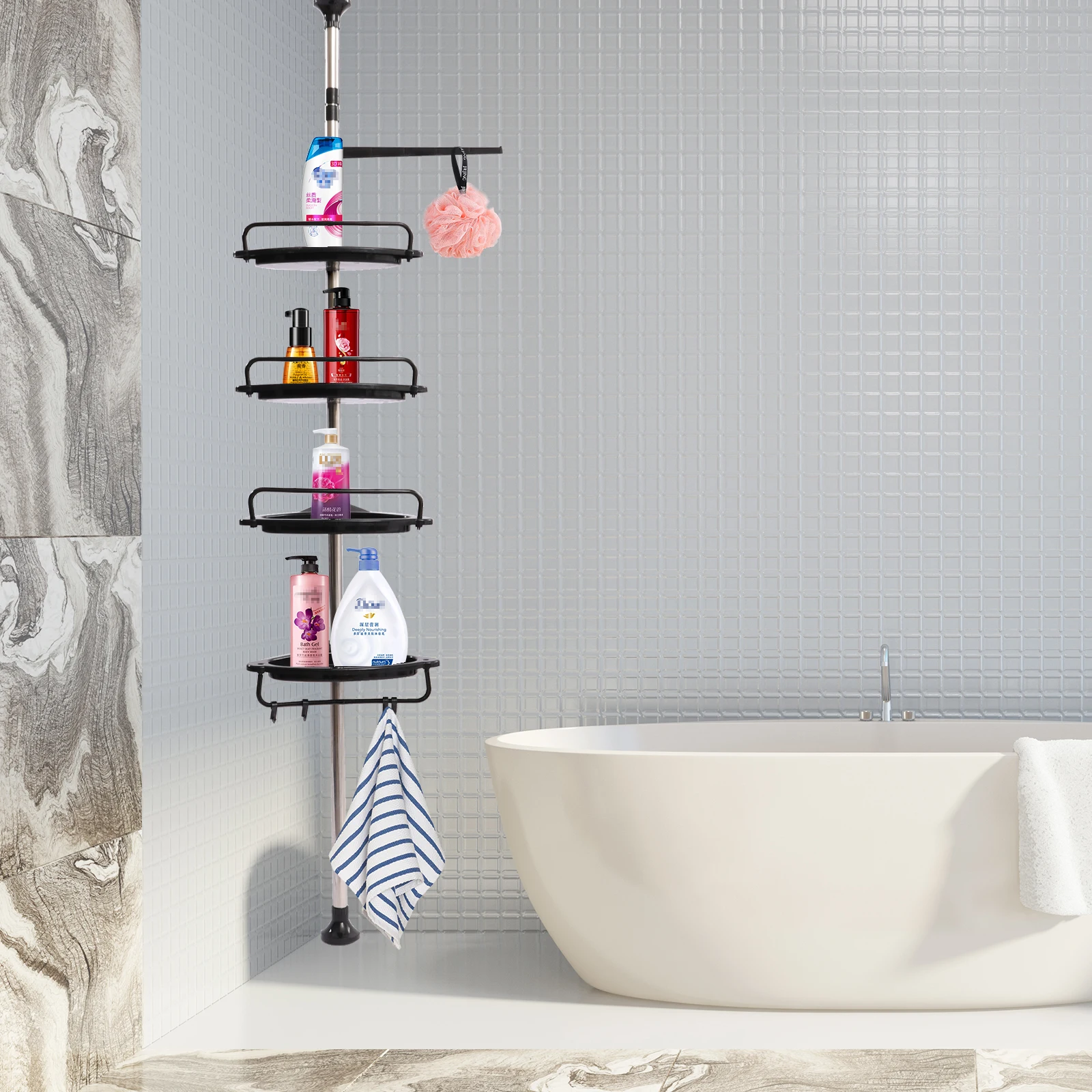 

Height 105cm To 320cm 4 Shelves Bathroom Shelf Telescopic Shower Shelf Shower Corner Shelf Without Drilling