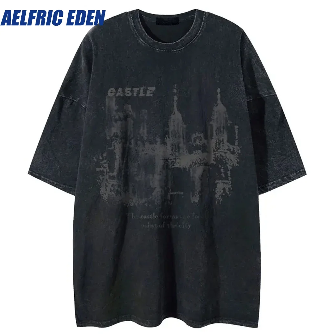 Aelfric Eden Vintage Men T-Shirt Streetwear Hip Hop Castle Graphic Print Washed Tshirt Harajuku Fashion Summer Casual Loose Top