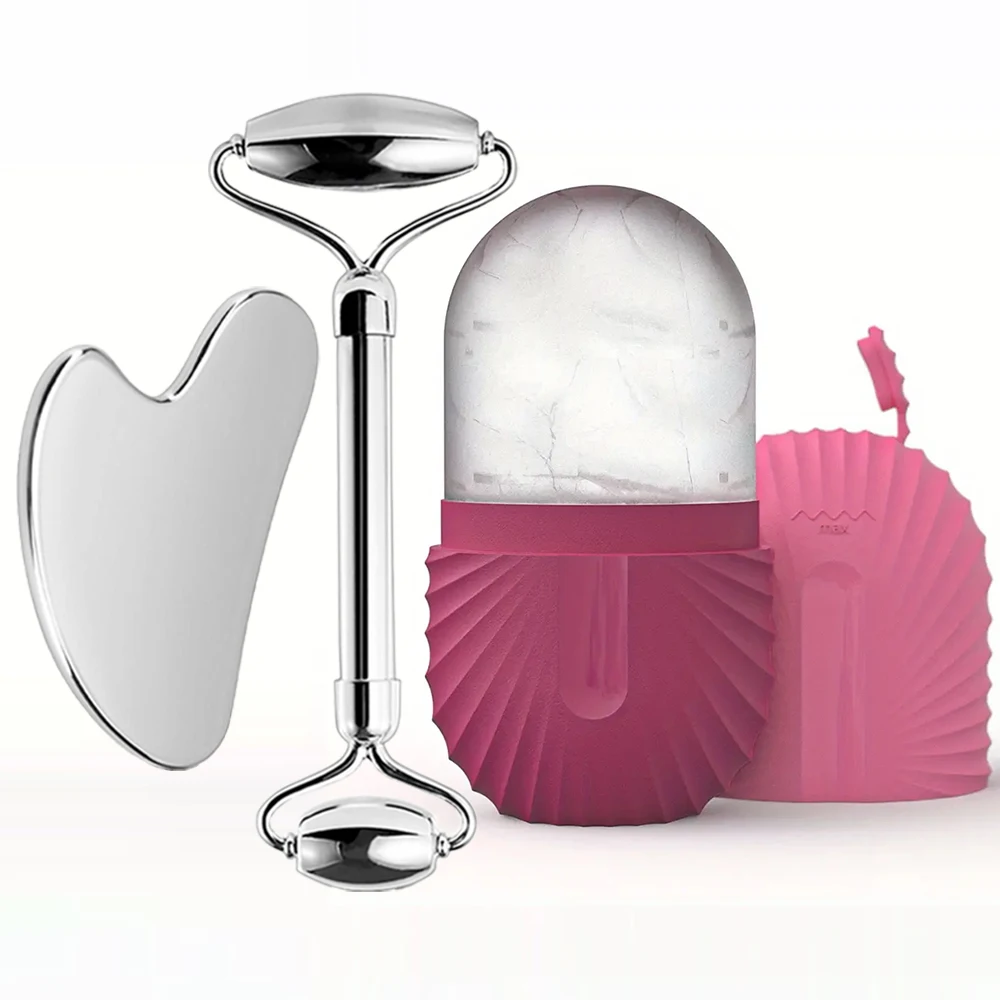 

3pcs Ice Face Roller Facial Skincare Ice Roller Stainless Steel Facial Roller Gua Sha Tool Reusable Silicone Ice Facial Rolle