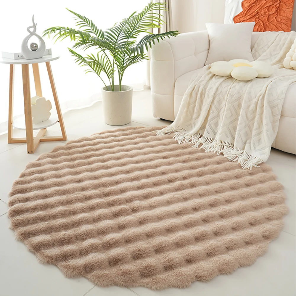 Beige Plush Bubble Coral Velvet Round Rug,Modern Faux Rabbit Fur Living Room Area Rugs,bedroom Bedside Washable Fluffy Floor Mat