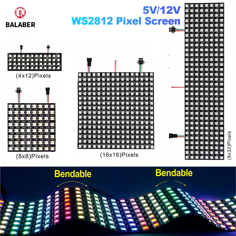 

SMD5050 WS2812B RGB pixel screen 4x12 8x8 16x16 8x32individually addressable digital flexible WS2812 Pixel RGB LED Panel 5V 12V