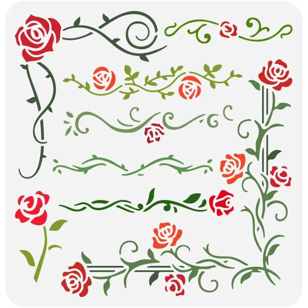 Rose Vine Painting Stencil 11.8x11.8 inch Vine Border Drawing Rose Flower Plant Theme Craft Stencil making kit