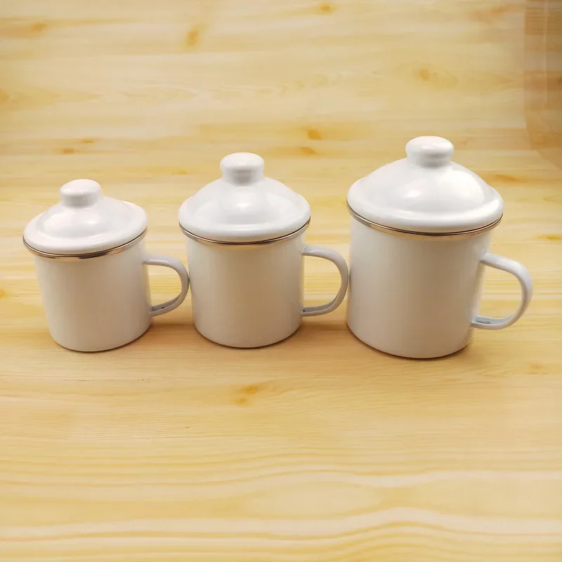 350/500/700ML Creative White Enamel Mug With Lid Vintage Metal Water Cup Tea Cup With Handle Milk Coffee Mug Home Office Use