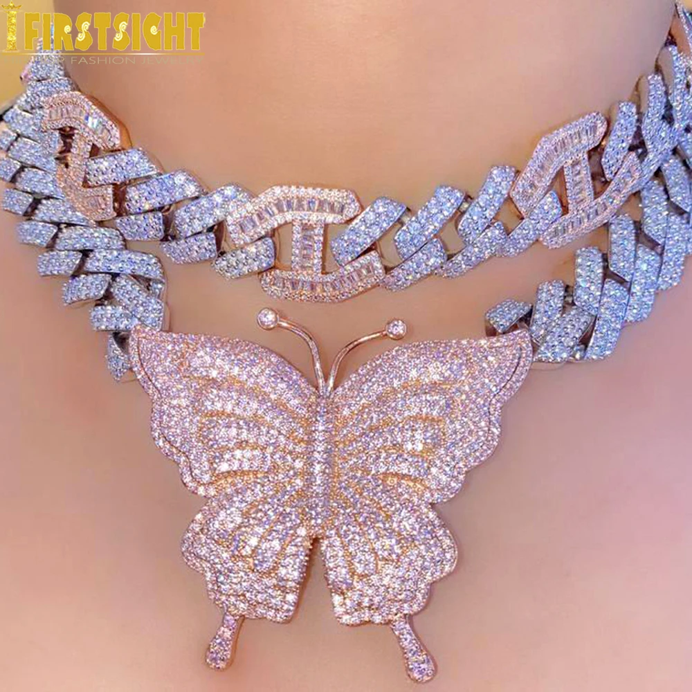 New Cuban Link Chain Butterfly Necklace 15mm Iced Out Bling CZ Rose Gold Color Charm Choker Women Hip Hop Jewelry