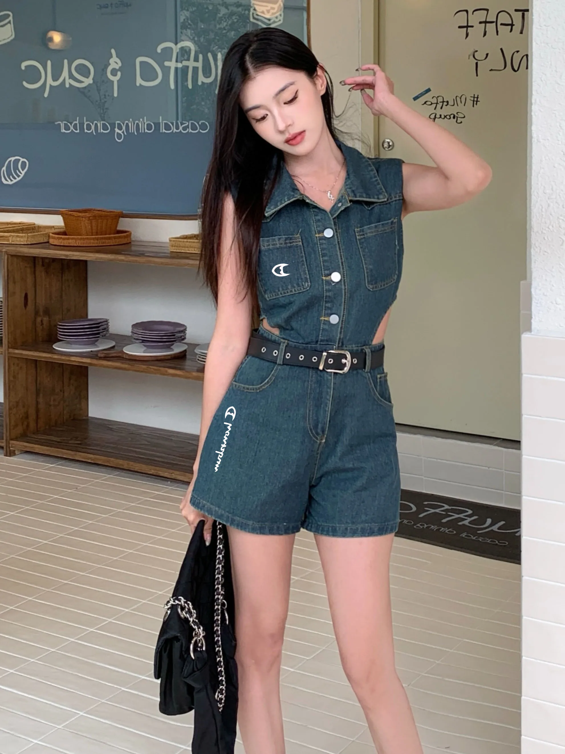 

Милая рабочая одежда, джинсовые комбинезоны, женские летние миниатюрные джинсы, утягивающие широкие комбинезоны с высокой талией