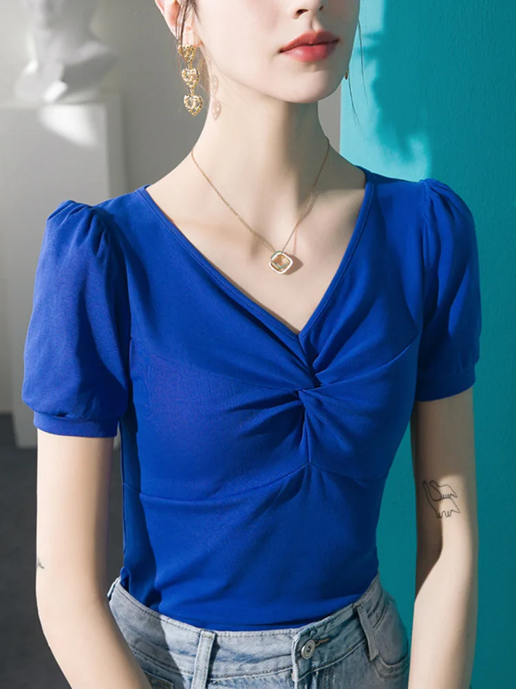 

French V-Neck Bubble Sleeve T-Shirt For Women With Short Sleeves, Slim Fit, 2025 Spring/Summer New Pure Cotton, Summer