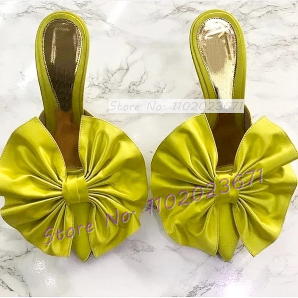 

Желтые атласные сабо с бантом, женские классические сложенные туфли с большим бантом, черные модельные тапочки на высоком каблуке-шпильке в горошек с острым носком