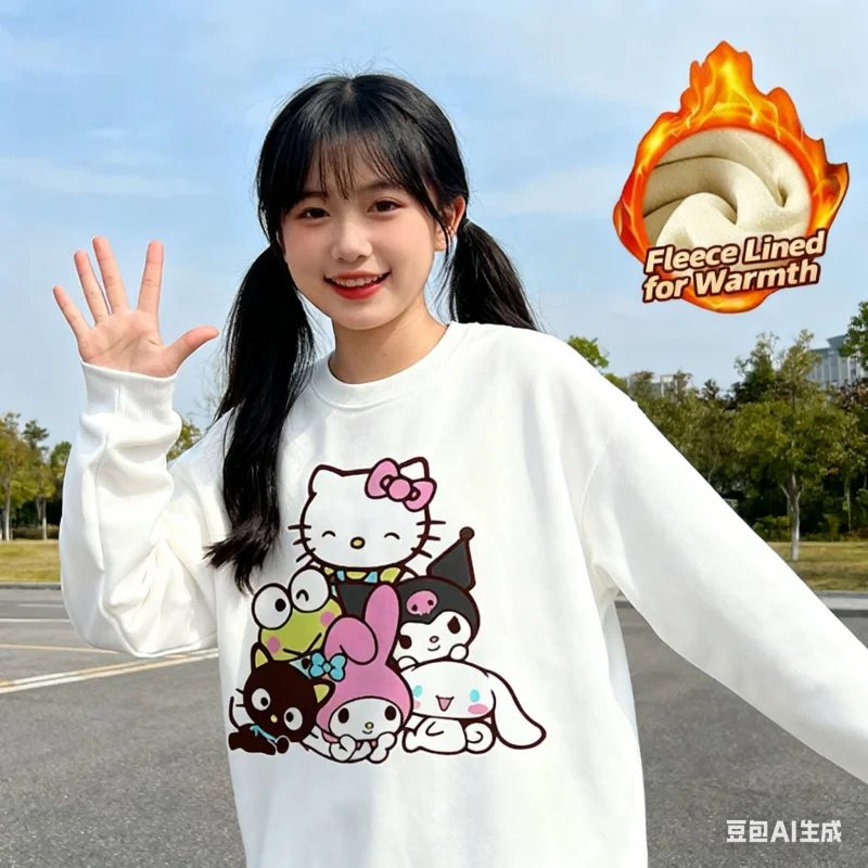 

2025 Sanrio Series Printed Crew Neck Long-Sleeve Top, Cute and Warm Fleece-Lined Crew Neck Long-Sleeve T-Shirt, 100% Cotton
