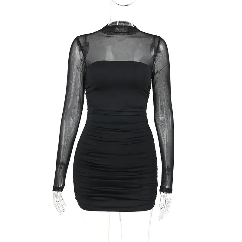 Halbhohen Kragen Mesh Splice Langarm Transparent Sexy Mädchen Kleid Sommer Neue Stil Pure Desire Kurzen Rock frauen kleidung
