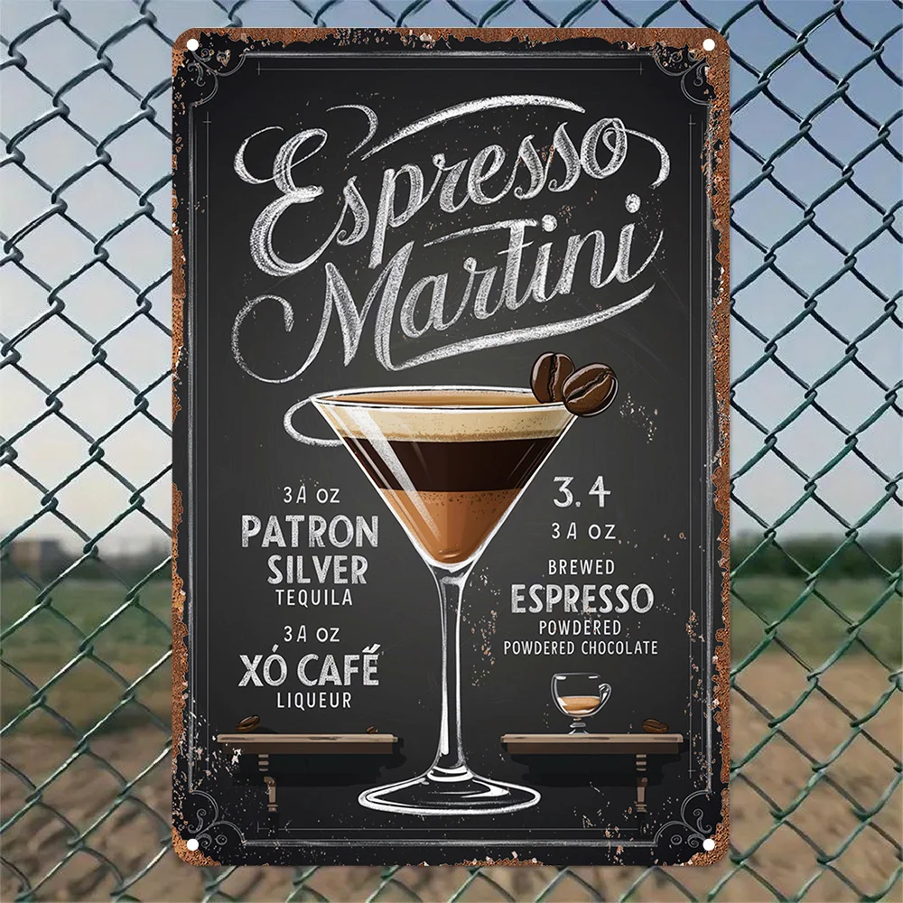 2D Flat - A Single-sided Aluminum Sign Displaying A Recipe for A Coffee Martini Cocktail, Designed in A Vintage 2D Style