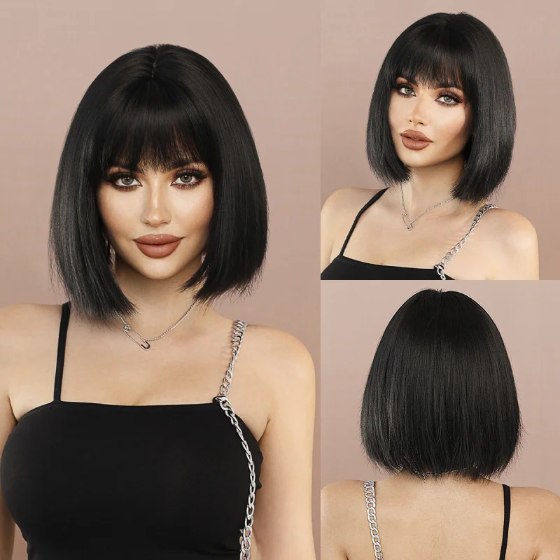 YAKI Black Bob Wig with Bangs for Women Straight Short hair