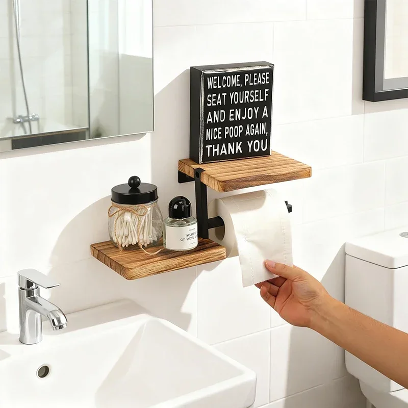 

1Pc Wooden Wall Mounted Bathroom Wallpaper Rack Toilet Paper Roll Holder Black Hanging Tissue Roll Dispenser Kitchen Accessories