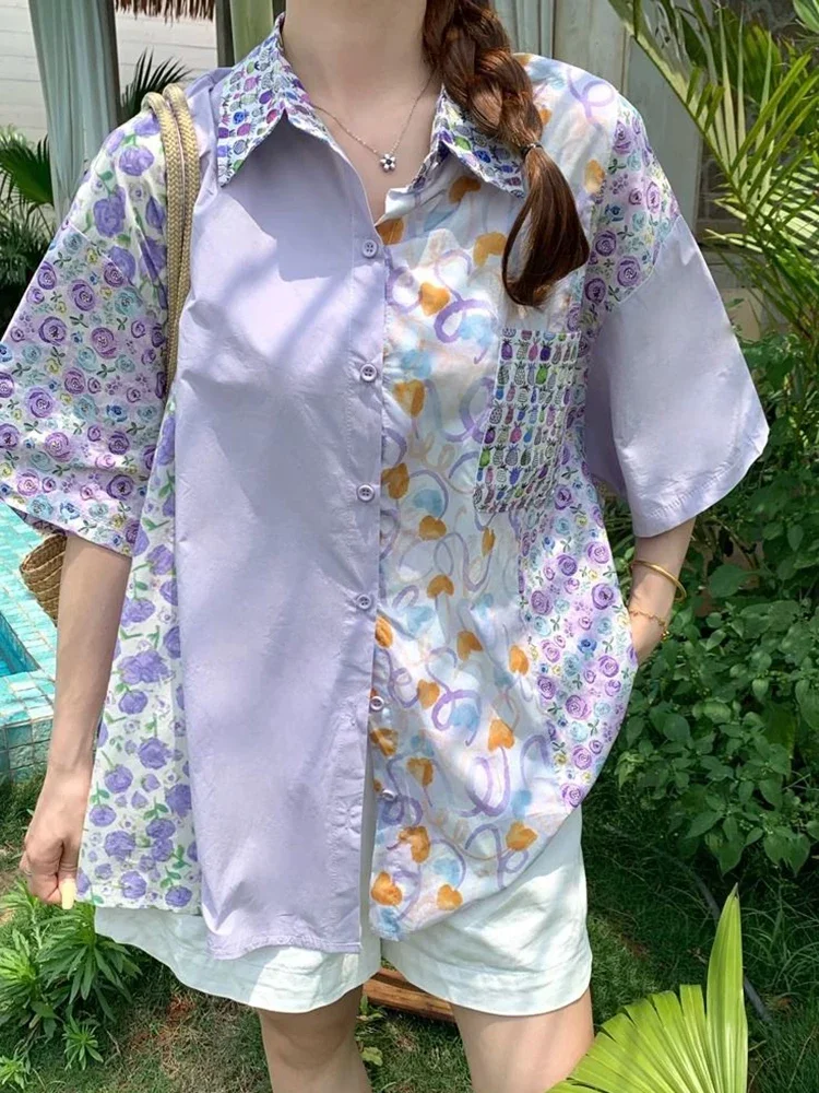 

Korean Floral Fashion Loose Shirt Women Casual Short Sleeve Sweet Blouse Summer Prairie Chic Female Oversize Lazy Wind Top