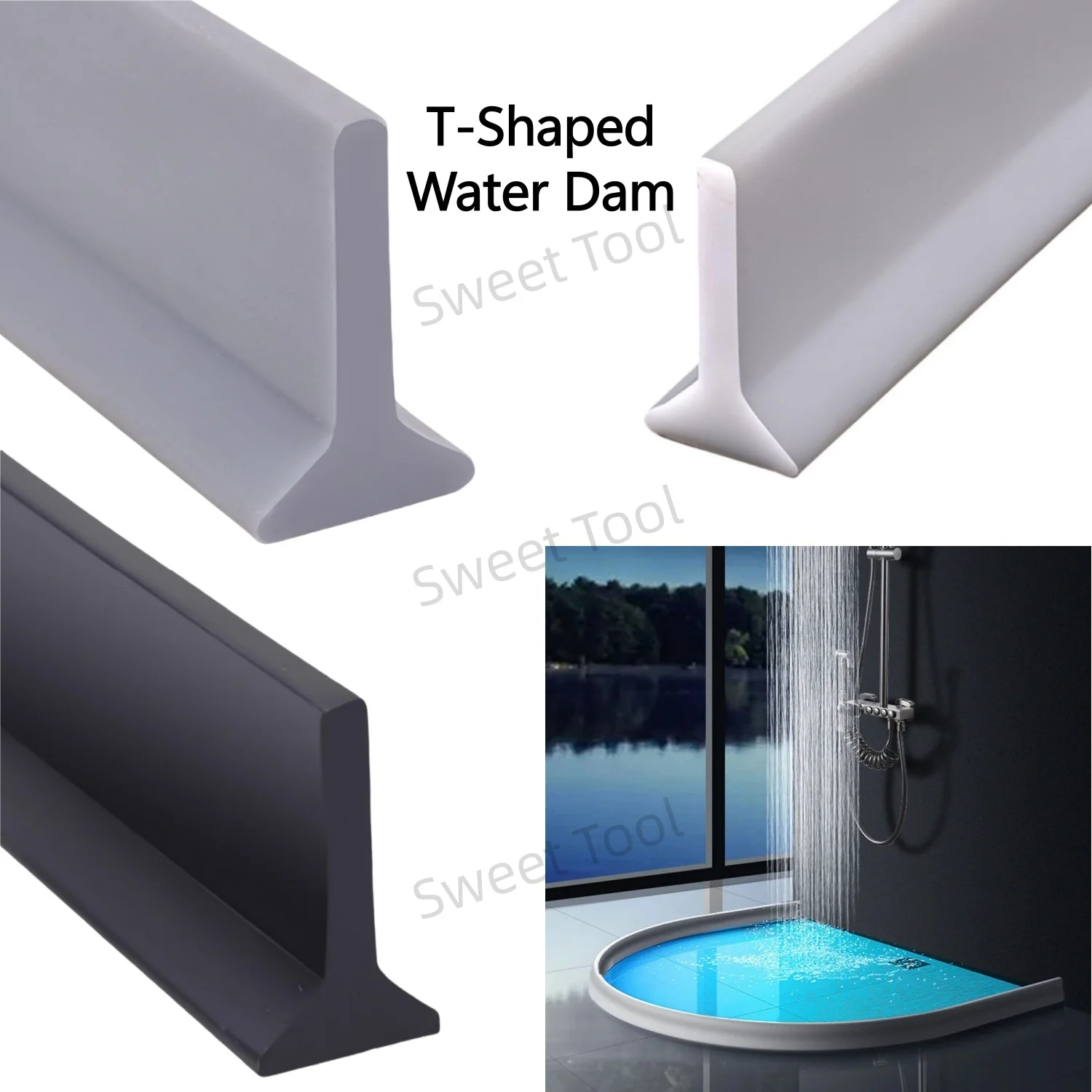 

T-Shaped Water Blocking Strip 0.63in x 1.18in Bathroom Collapsible Shower Threshold Water Dam Easy to Achieve Dry Wet Separation