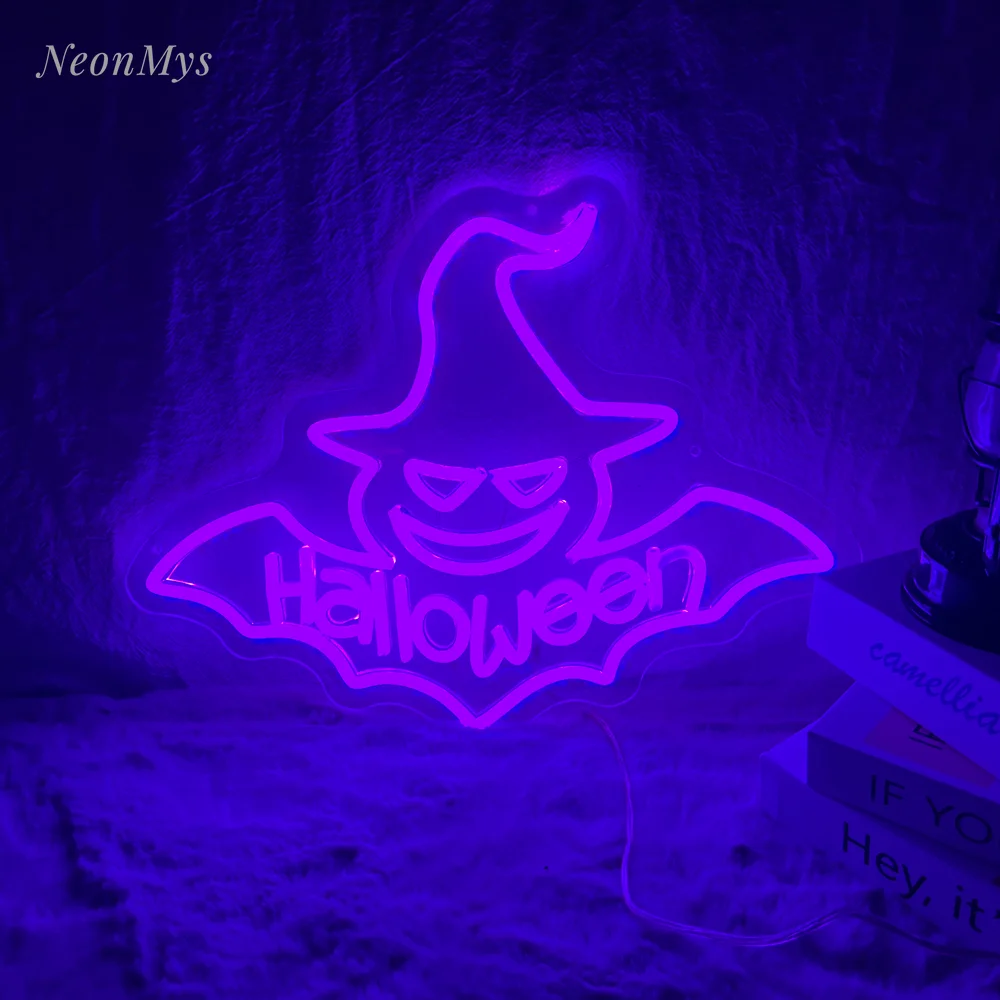 

Witch Hat Shaped Bat Neon Signs Club Bar Shop Wall Decor Bedroom Kids Room Halloween Day's Party Decorations Night Lights Sign