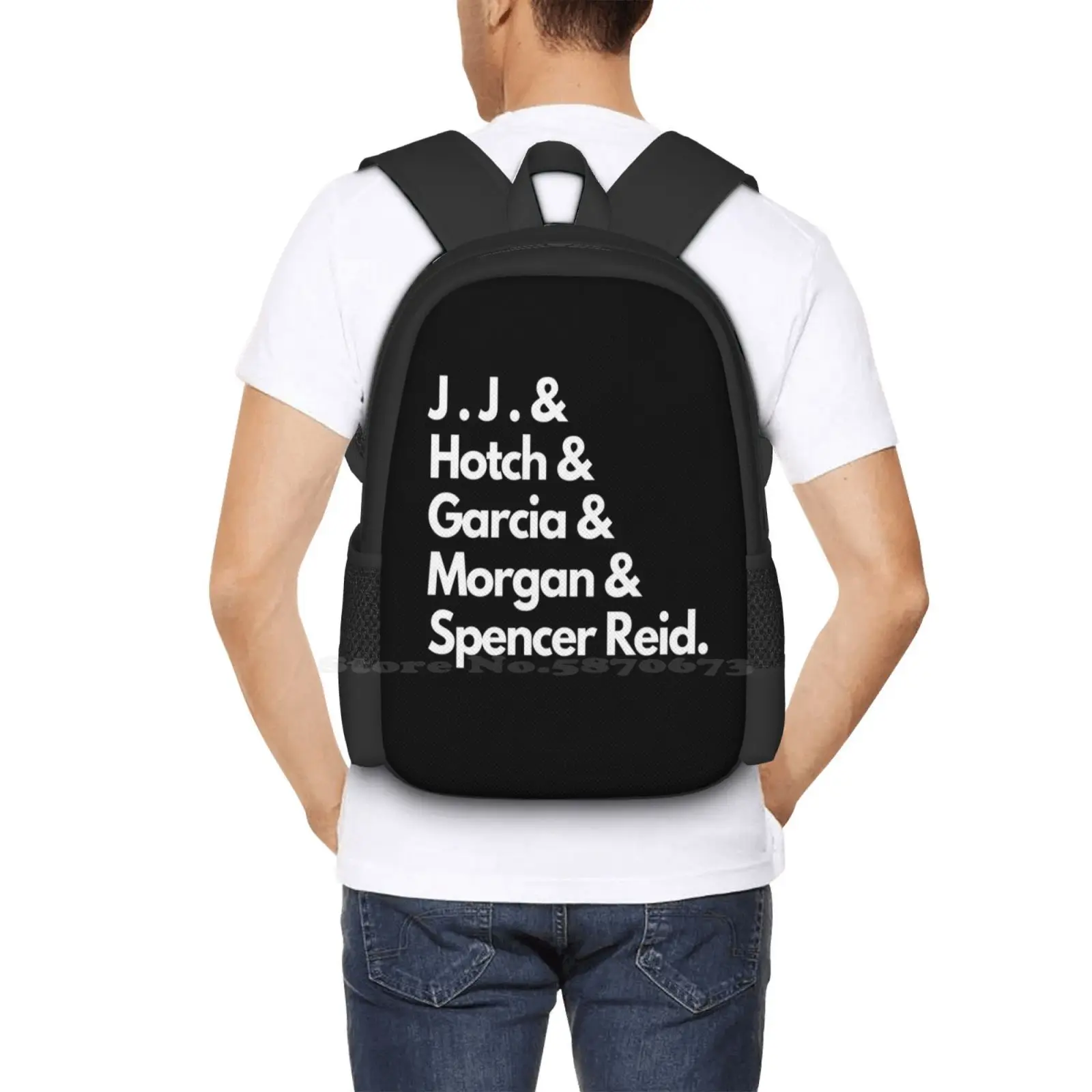 Bolsa unissex para estudante, mochila com spencer, reid, morgan, hotch, garcia, jj, recém-chegados