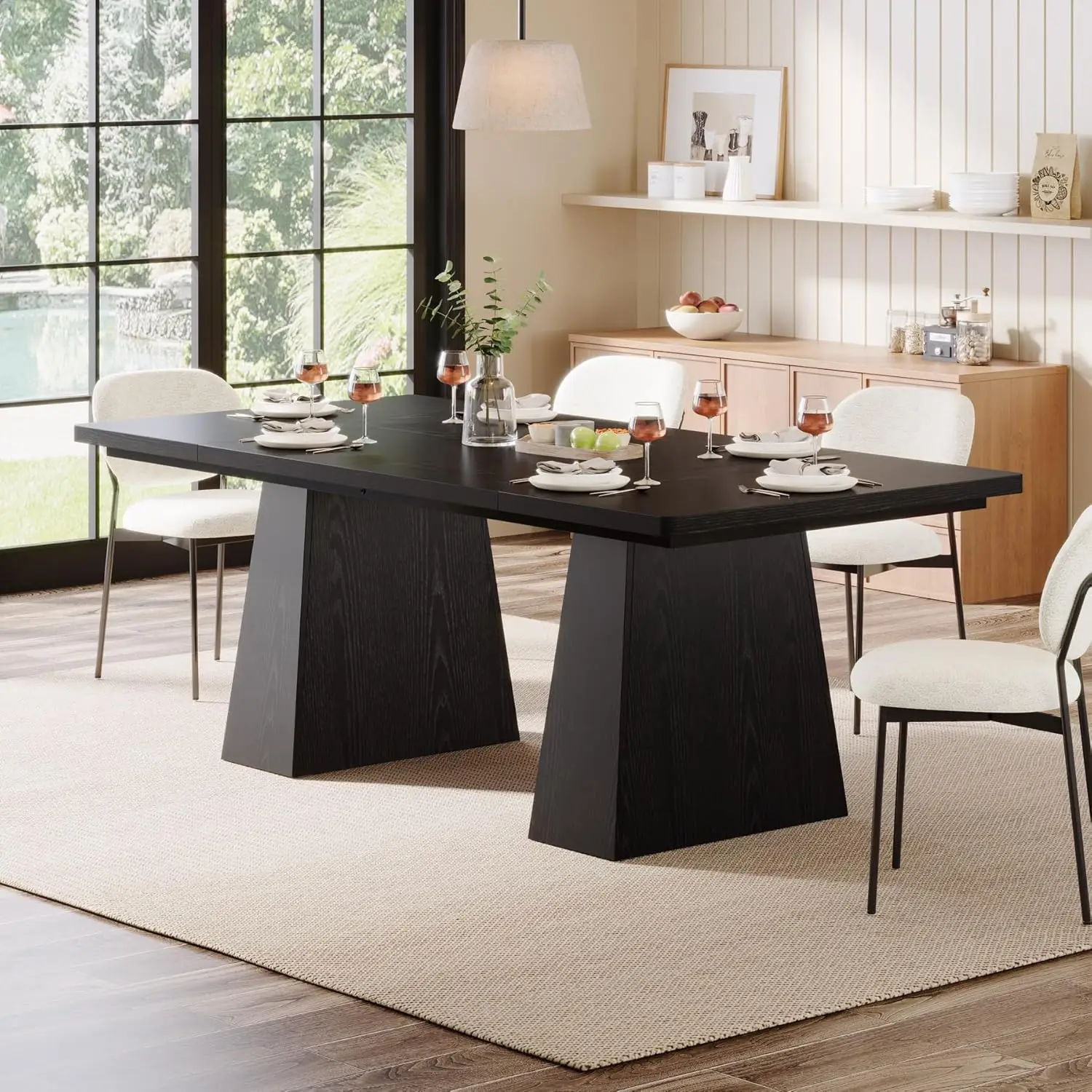 Black Dining Table for 4-6, Modern Kitchen Table with Sturdy Tapered Wood Legs, Rectangular Dinner Table with Large Tabletop for