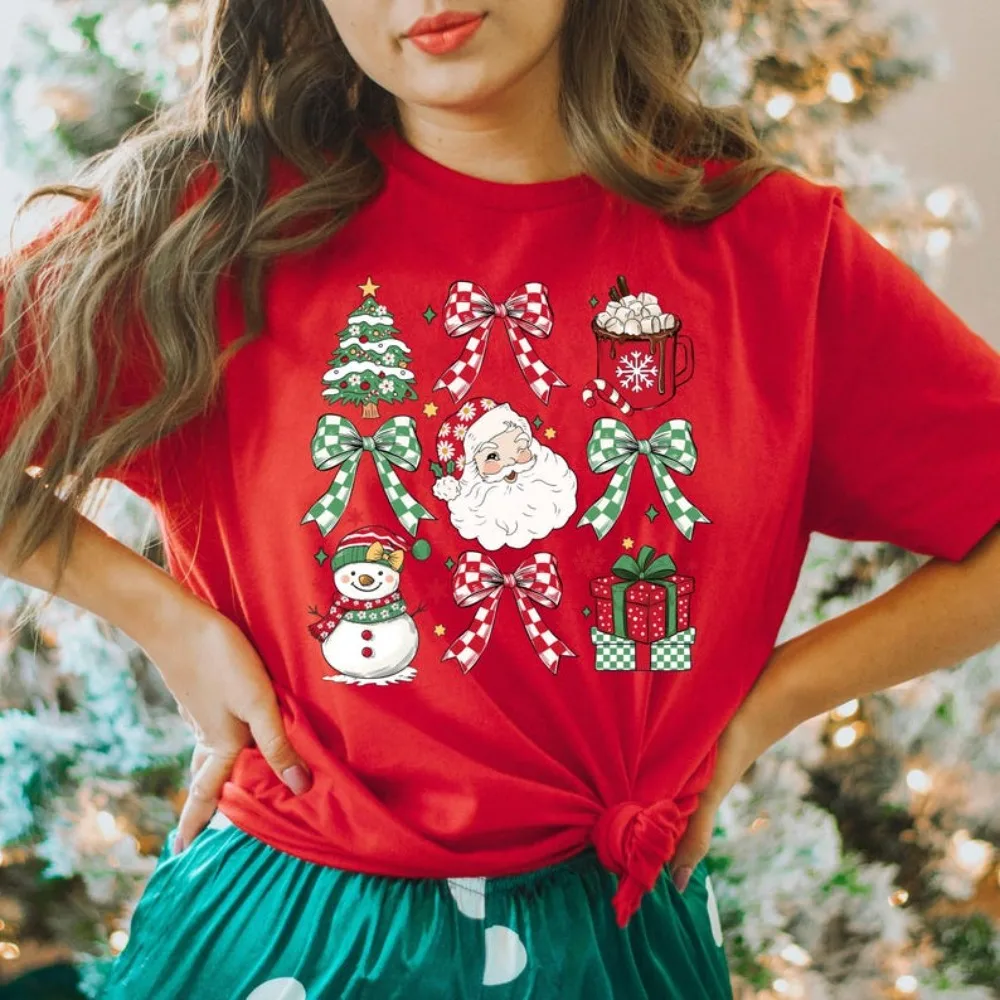 T-Shirt de fête de noël mignon élément de noël chemise arc bonhomme de neige père noël imprimé T-Shirt cadeau de noël femmes décontracté couverture en coton