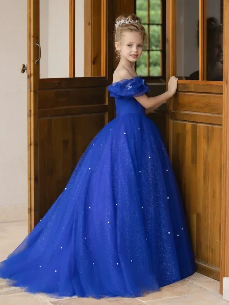 Elegant Royal Blue Flower Girl Dress for Wedding A-Line Cute Off Shoulder Kids Birthday Party First Communion Customized Dress