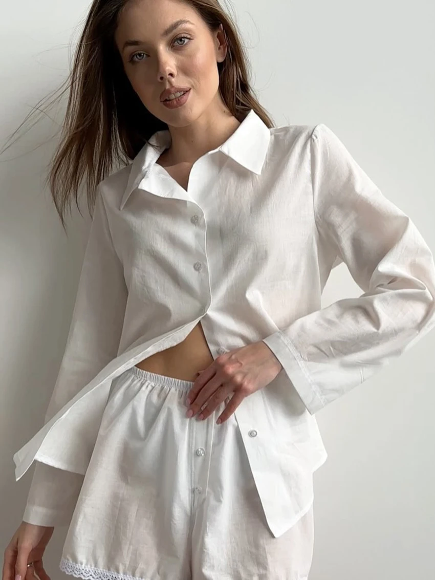 Marthaqiqi Cotton Women Sleepwear Set Long Sleeve Nightgown Turn-Down Collar Nightwear Shorts Casual Ladies Pajamas 2 Piece Suit