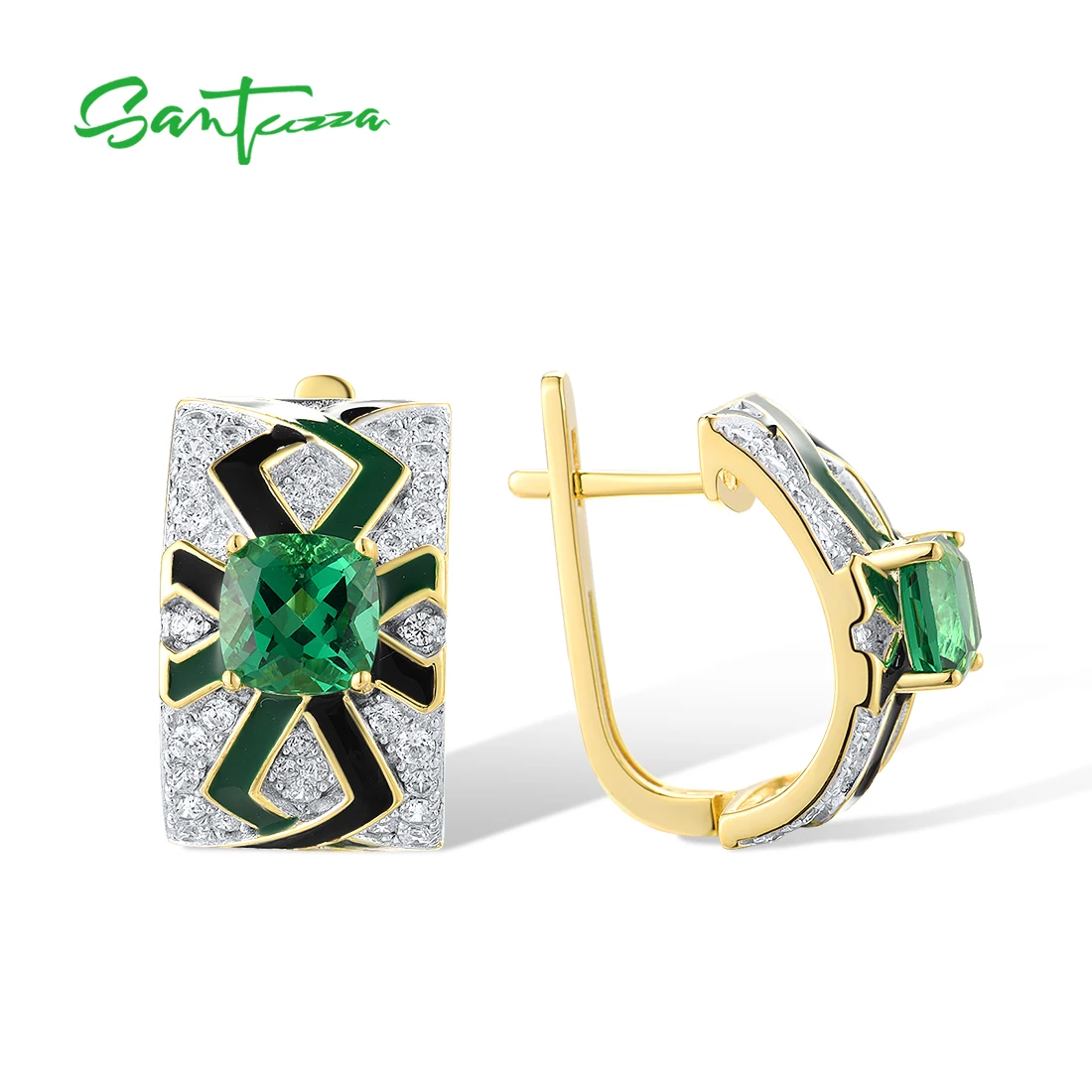 SANTUZZA Genuine 925 Sterling Silver Earrings For Woman Sparkling Green Spinel Enamel Solitaire Delicate Wedding Fine Jewelry