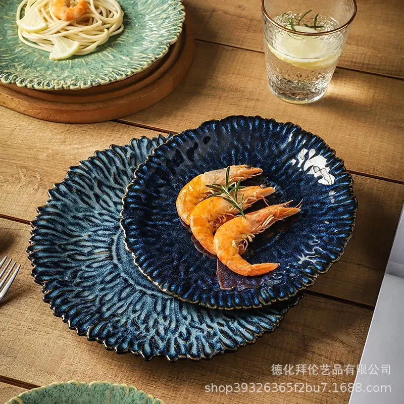 DSA kiln-changed retro-style ceramic flower plate, creative household sunflower plate, fruit salad plate, Japanese plate