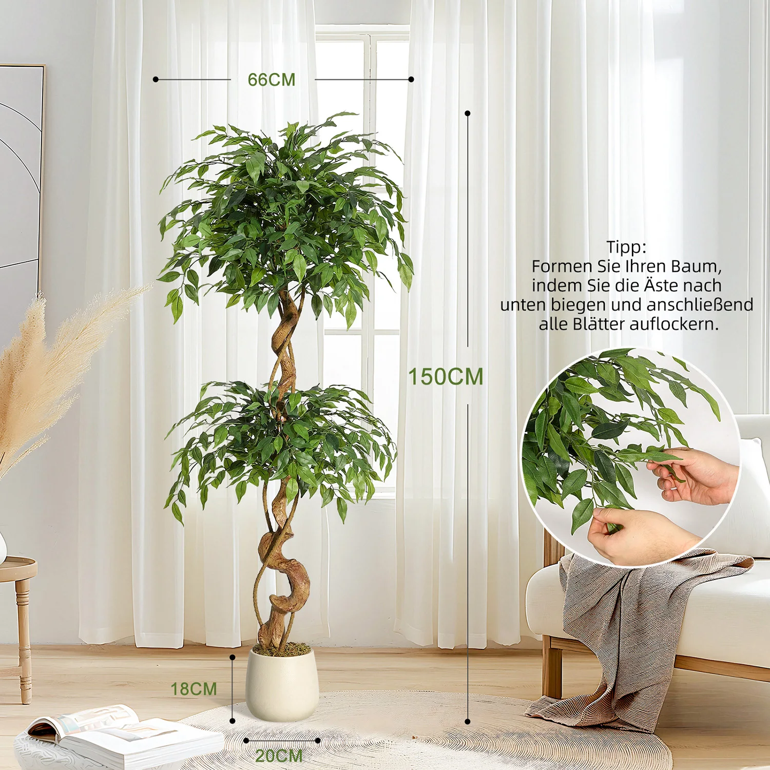 Realistischer künstlicher Ficusbaum mit gebogenem Stamm, lebensechte Kunstseidenpflanze im weißen Topf, dekoratives Innengrün für Zuhause und Büro. – Detail 5