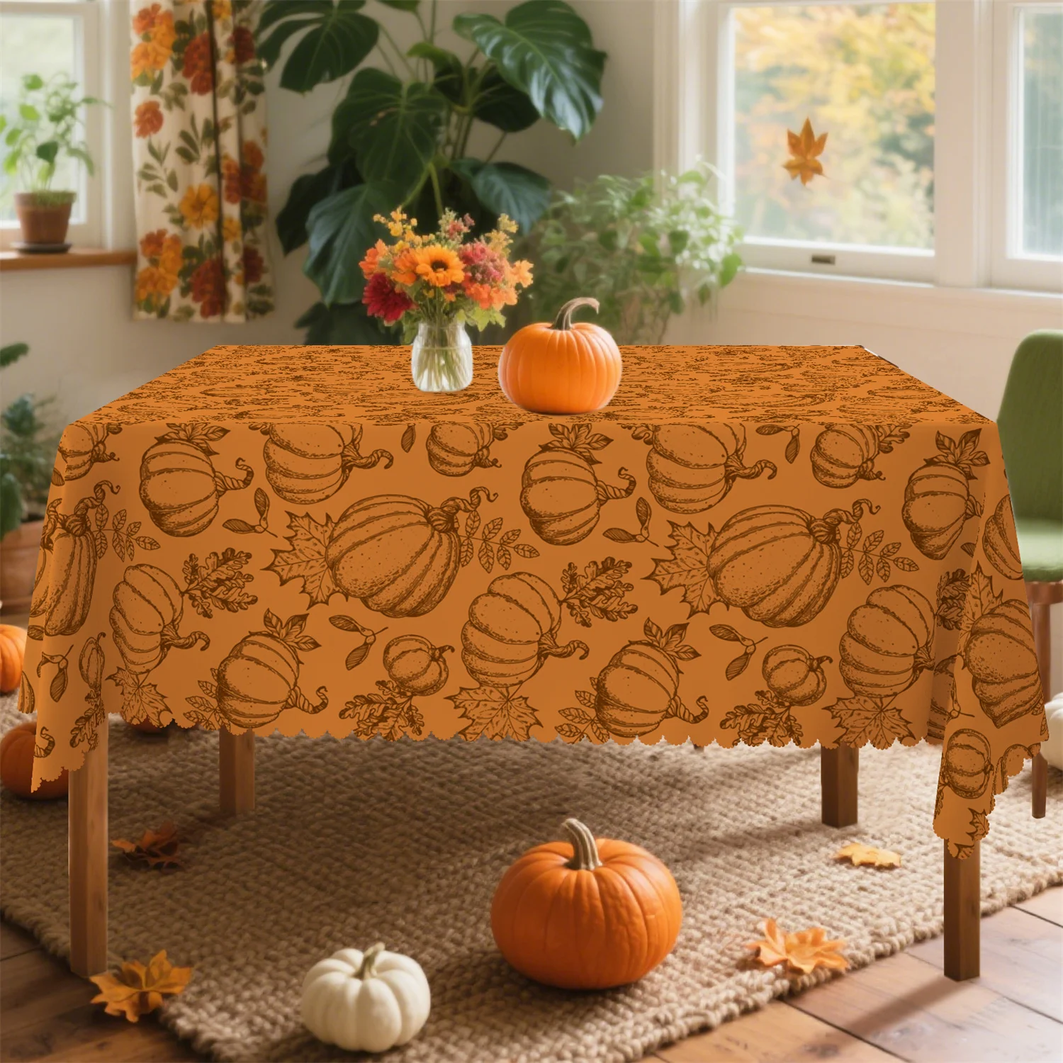 Orange pumpkin leaf tablecloth - Washable, rustic style, autumn harvest and abundance decorationxzj