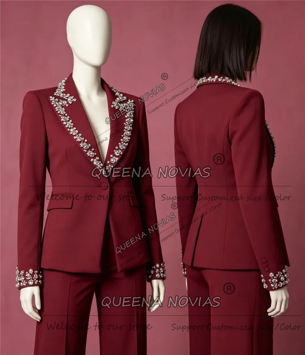 Charming Women Suit 2 Pieces Rhinestones Blazer Pants Formal Occasion Lady Blazer Wedding Wear Customized Bride's Mother Dresss