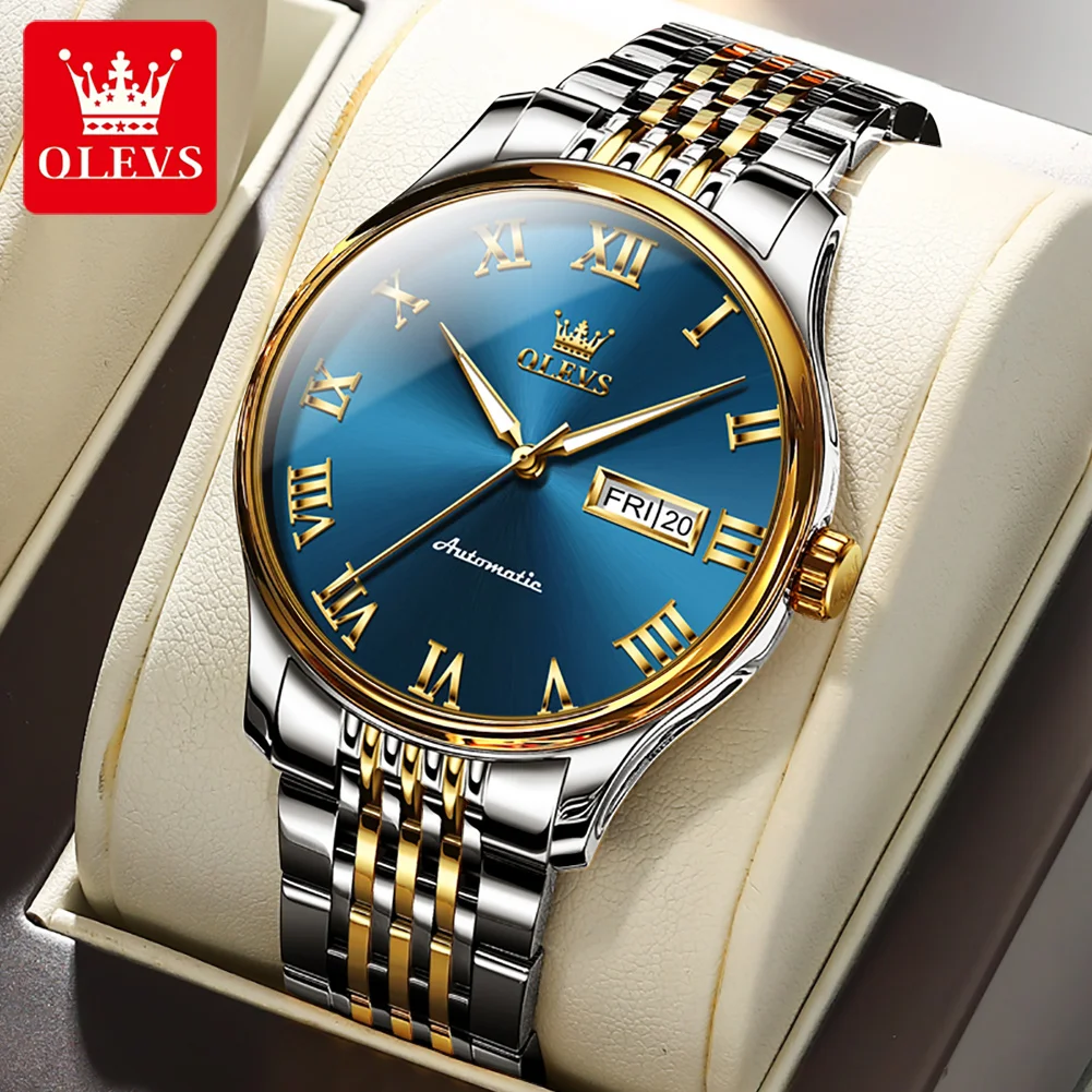 

OLEVS Fashion Blue Mens Watches Top Brand Luxury Stainless Steel Mechanical Watch Waterproof Week Date Clock Relogio Masculino