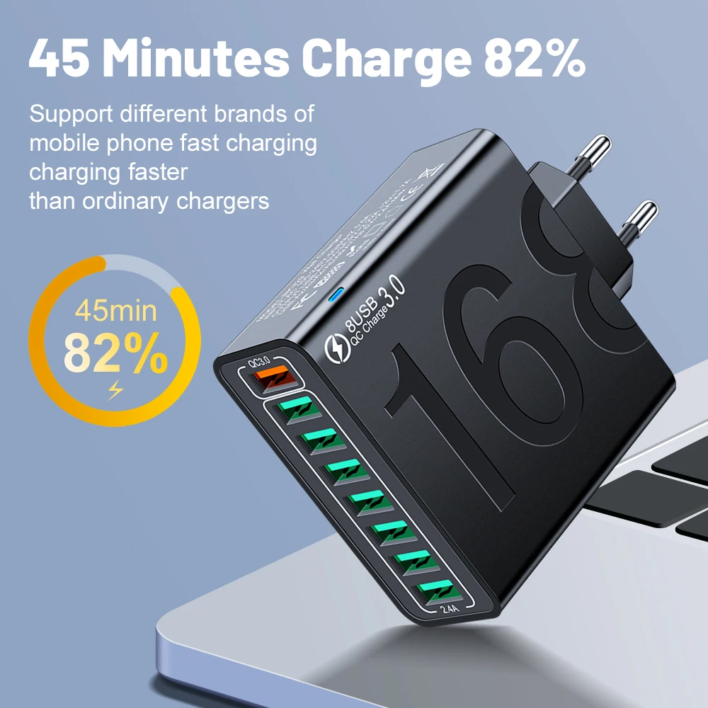 USB Charger 30W Multiple 8 Ports Fast Quick High Speed Charging Mobile Cell Phone Wall Adapter for Huawei 60 Xiaomi 14 Samsung