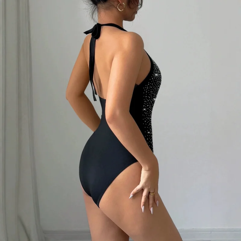 Women Summer New Halter Backless Bodysuit Heavy Rhinestone Decor Slim Jumpsuit