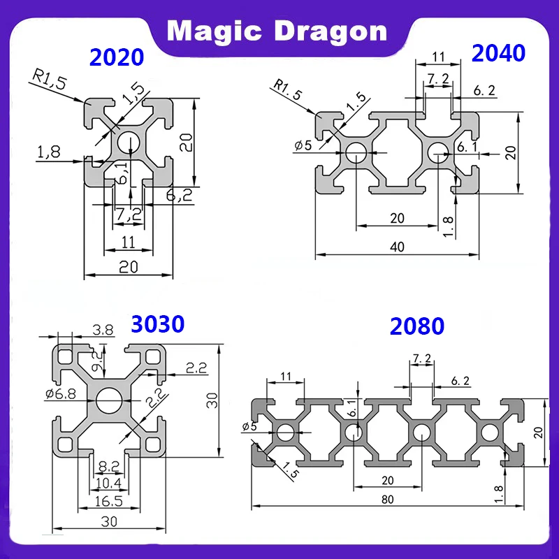 EU 2020 2040 2060 3030 3060 4040 2080 20100 T-slot Aluminum Profile 100 200 500 800mm Linear Rail Extrusion CNC 3D Printer Parts