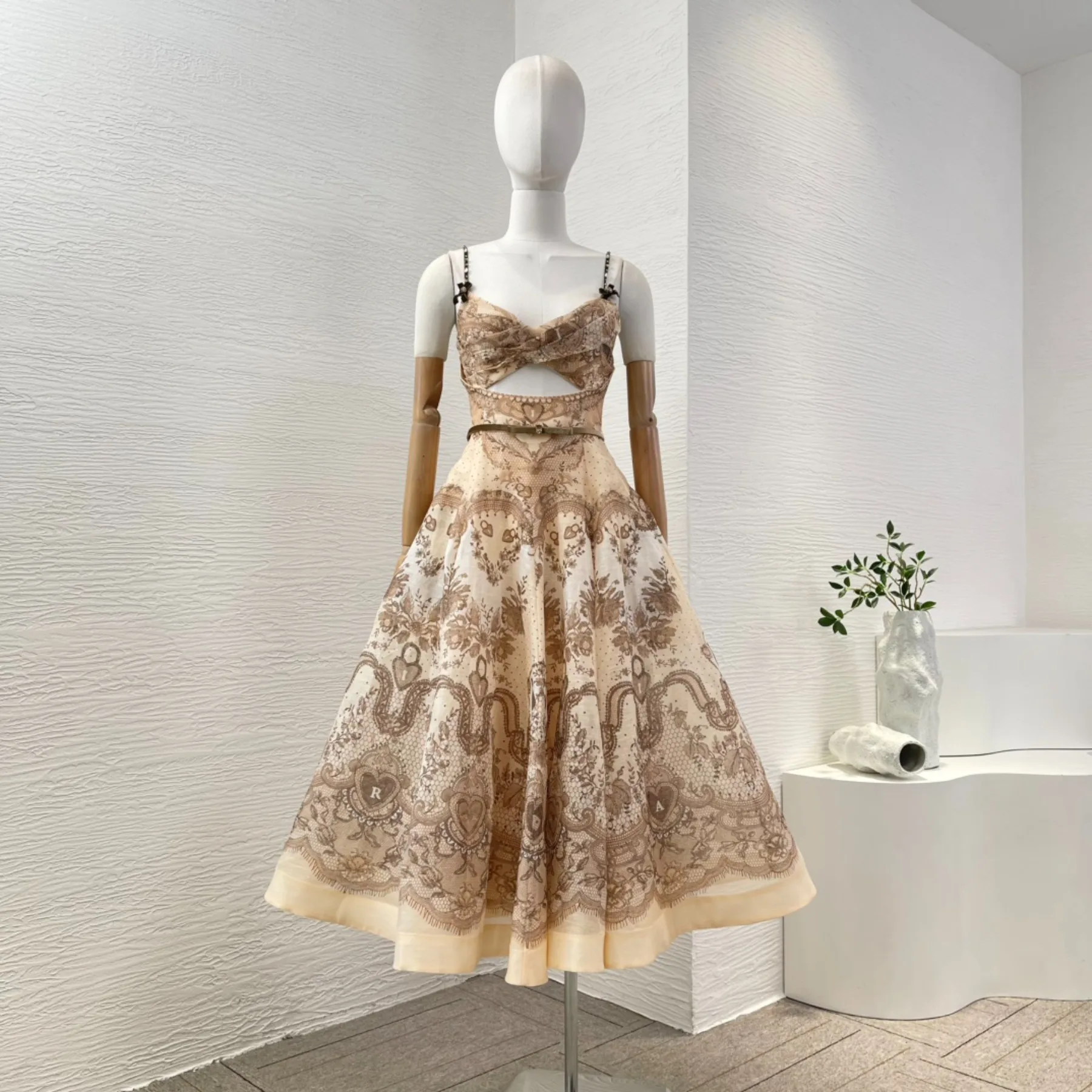 

Brown Floral Print Sleeveless Pleat Ruched Cut Out Backless Midi Dress
