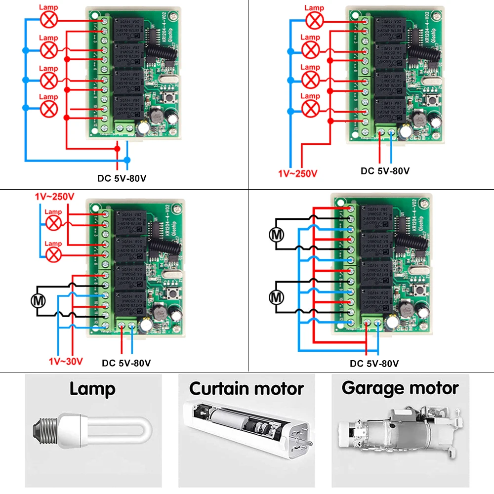 QIACHIP 433.92Mhz DC 5V 12V 24V 48V 10A 4CH Relay Module Receiver EV1527 Wireless Remote Control Switch 433Mhz for DC Motor DIY