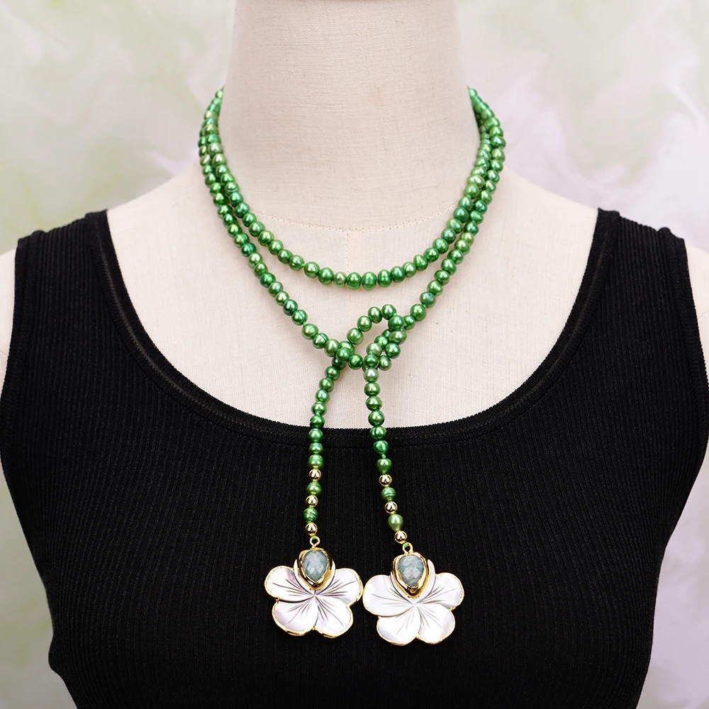 

G-G Nice Frashwater Green Pearl Natural Carved Flower White Mother Of Pearl Shell Gold Plated Edge Amazonite Pendant