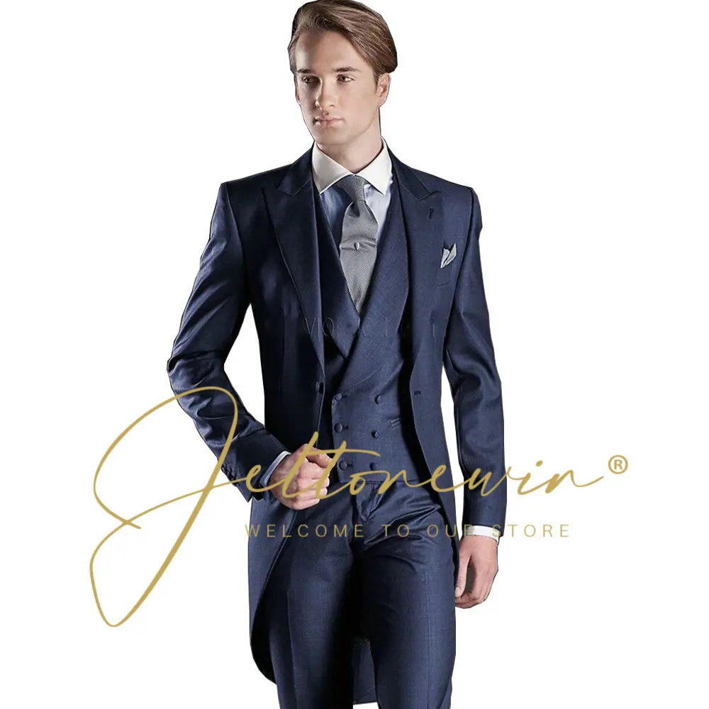 

Custom Morning Style Groom Tuxedos Navy Blue Best man Groomsman Suit Mens Wedding Suits Bridegroom Tailcoat (Jacket+Pants+Vest)