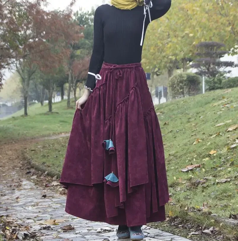 

New Spring Retro Women Corduroy Skirts Check Irregular Hem High Waist Cotton Brushed Pleated Vintage Medieval Skirt Autumn