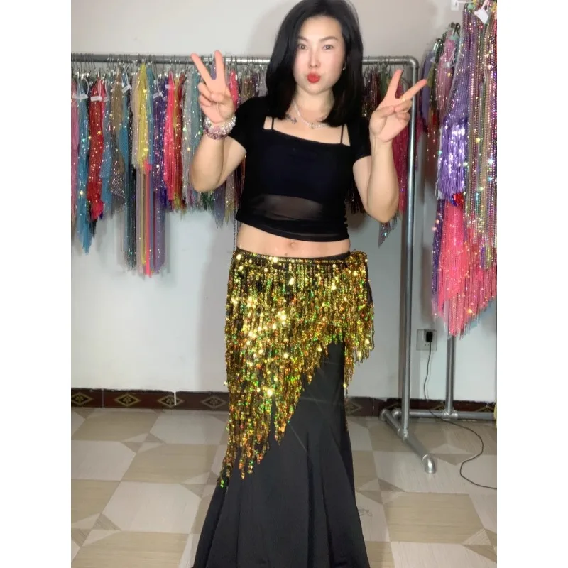 

customized belly dance belt sequins tassel hip scarf stage performance fart curtain Oriental dance costume waist scarf dancewear