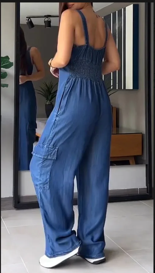 Tuta in Denim da donna tuta senza maniche tute Casual allentata con spalline senza schienale pantalone lungo salopette corta con tasche pagliaccetti retrò