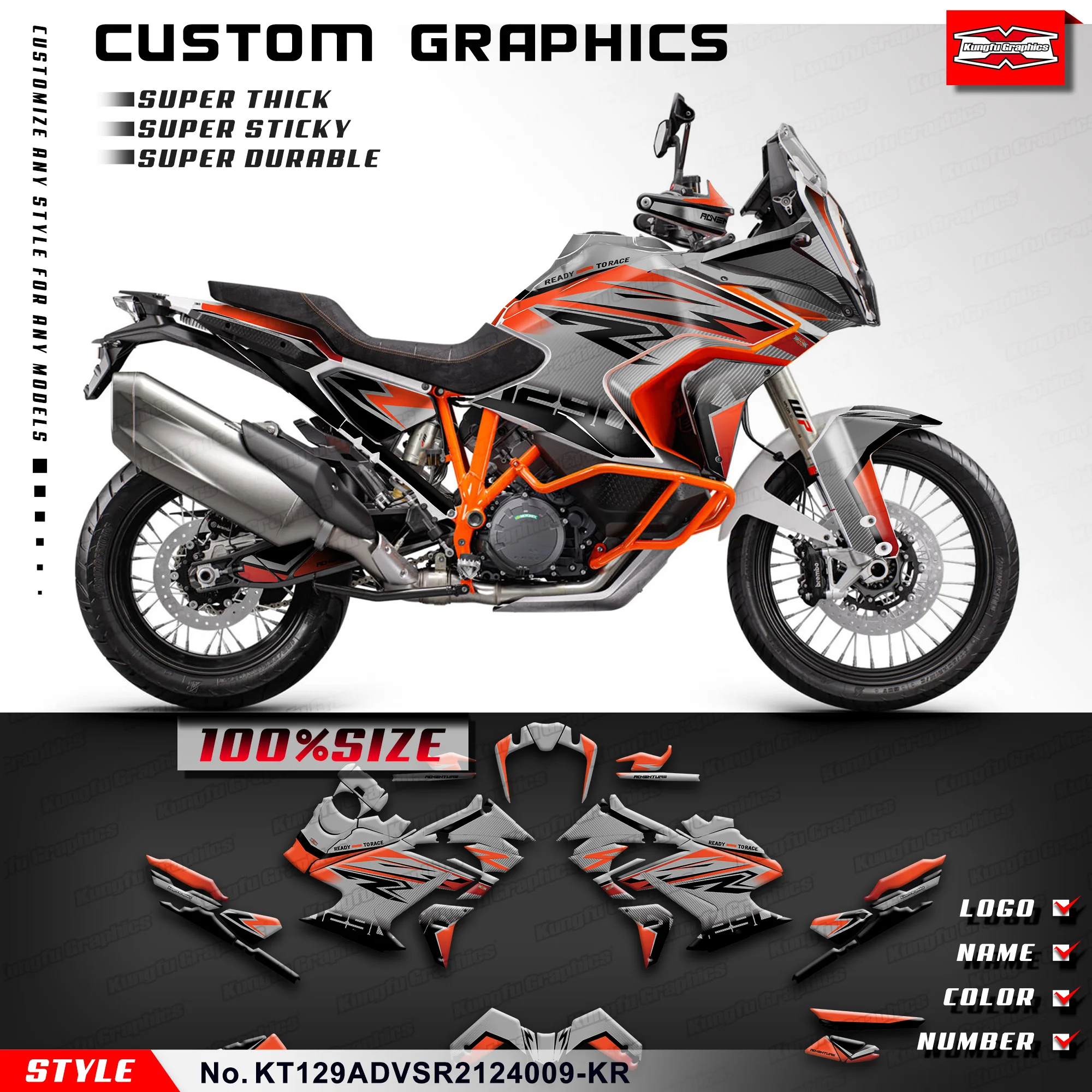 

KUNGFU GRAPHICS Sticker Sheet Motorcycle Decals for KTM 1290 Super Adventure S / Super ADV R 21 22 23 2024, KT129ADVSR2124009-KR