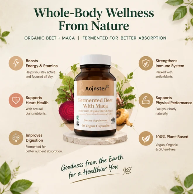 Fermented Beet Root with Maca Capsules,Organic Beet and Maca Dietary Supplement, 60 Vegan Capsules, Physical Performance Support
