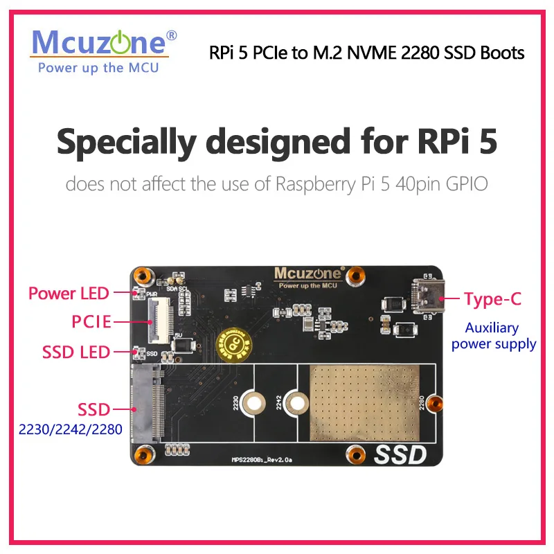 MPS2280Bi Raspberry Pi 5 PCIe to M.2 NVME 2280 SSD Boots  INA219 based voltage and current monit Supports 2280/2242/2230 SSD