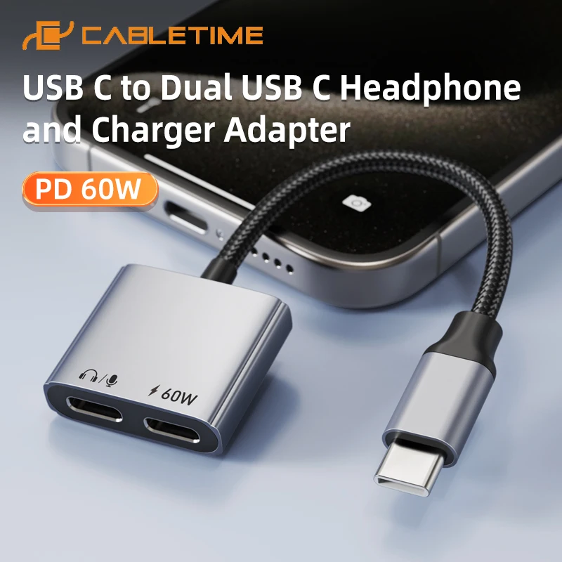 

CABLETIME 2-в-1 USB-C адаптер для наушников с двумя портами USB-C, быстрая зарядка PD 60W Type-C, алюминиевый адаптер Hi-Fi для iPhone 17, HUAWEI