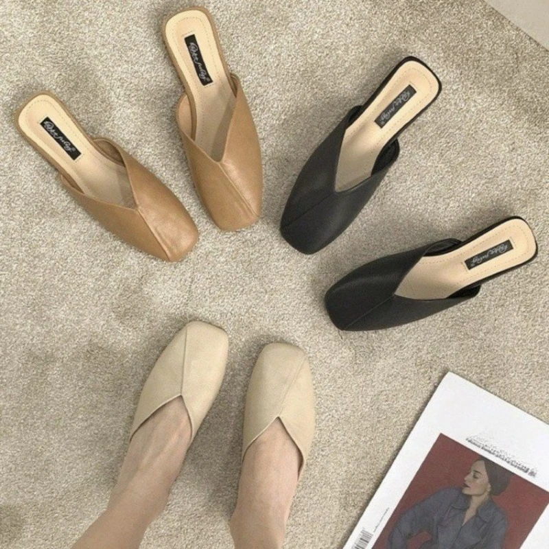 

Женские полутапочки Baotou на плоской подошве, новые летние модные сандалии и тапочки с квадратной головкой на одну ногу, уличная одежда