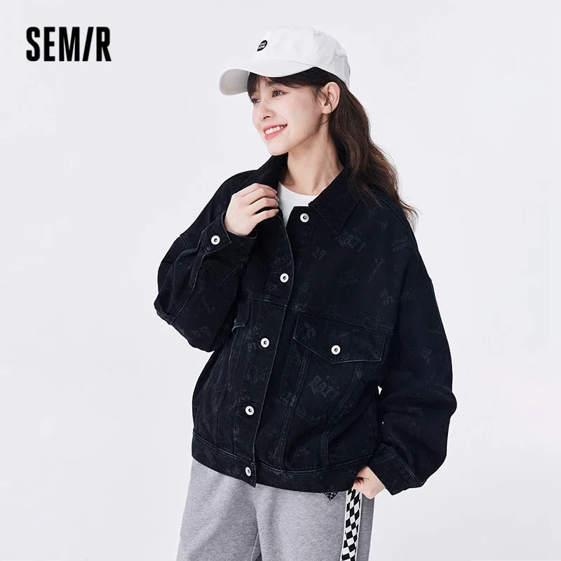 Semir Women Jacket Denim  Hit Color Lapel Printed Jacket Niche Casual Autumn Trendy Personality Loose Clothes Jacket for Women